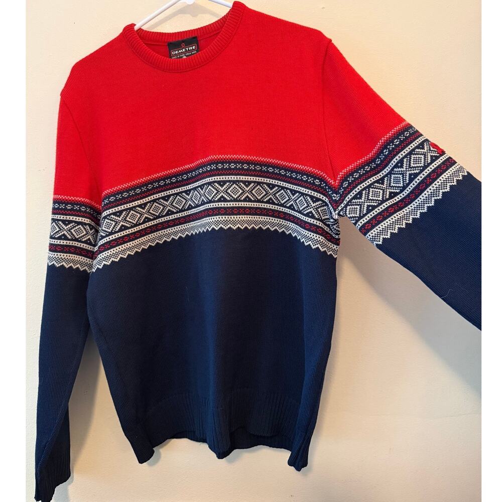 Vintage Demetre Men’s Pure Virgin Wool Fair Isle Ski Sweater Red Navy XL